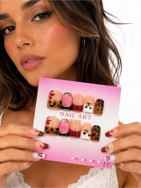 NWT Handmade Baby Duck Press On Nails Medium Tortoise Cherry Y2K Nail Art